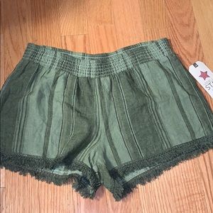 Vanilla Star Striped Linen Olive Shorts Fringe Hem